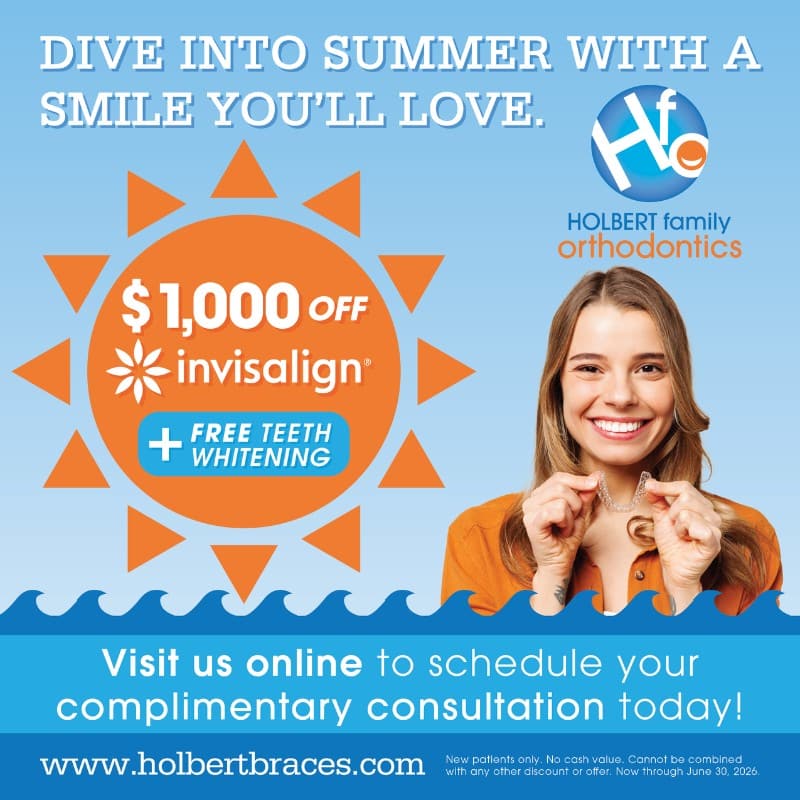 Holbert Family Orthodontics summer Invisalign special offering $1,000 off Invisalign and free teeth whitening in Richmond and New Kent, VA.